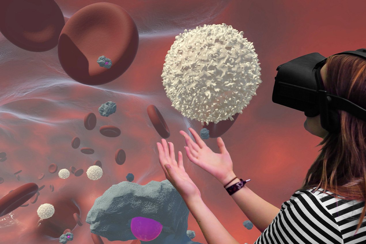 Woman with a VR headset looking inside a virtual blood vessel