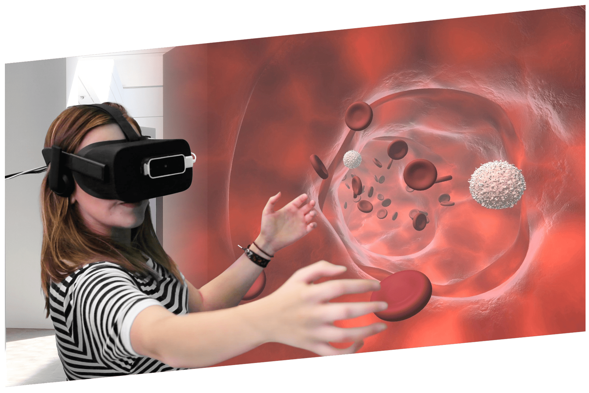 Woman with a VR headset inside a digital blood stream